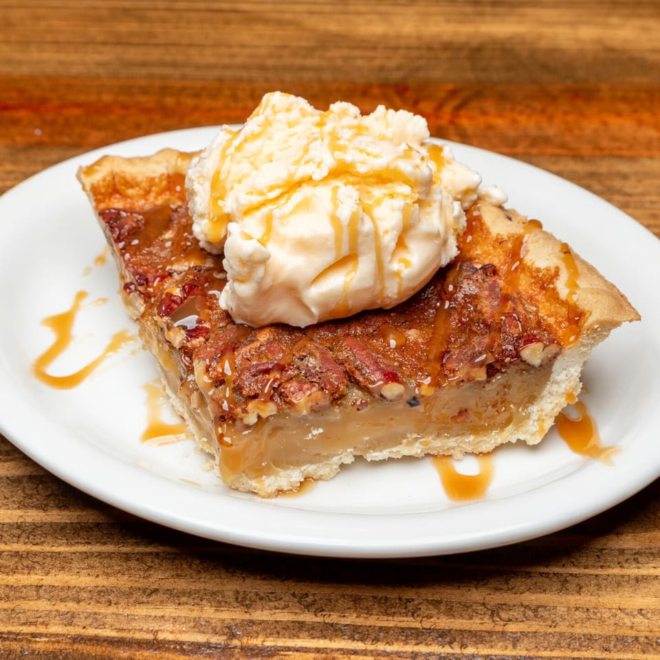 A slice of pecan pie topped with vanilla ice cream and caramel drizzle on a white plate.